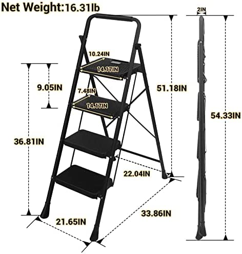 4 Step Ladder, RIKADE Folding Step Stool, Step Stool with Wide Anti-Slip Pedal, Lightweight, Portable Folding Step Ladder with Handgrip, Multi-use Steel Ladder for Household and Office - Image 3