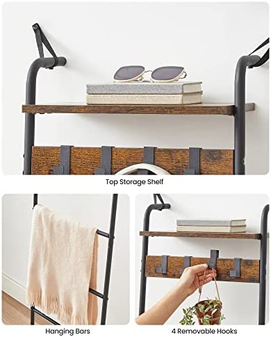 VASAGLE Blanket Ladder Shelf, Blanket Holder Rack for Living Room, Decorative Ladder with Removable Hooks, Top Storage Shelf, Metal Frame, Rustic Brown and Black ULLS017B01 - Image 5