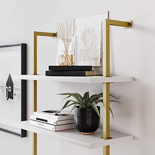 Nathan James Theo 2-Shelf Industrial Wall Mount Ladder Small Computer or Writing Desk, White/Gold Brass - Image 6
