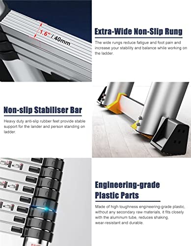 MIWOOYY Aluminum Telescoping Ladder 23ft / 24ft / 26ft, Heavy Duty Folding Telescopic Extension Ladders with Hooks & Stabilizer Bar, for Rooftop RV Attic Home Outdoor, 330 LBS Load (Size: 26ft / 8m) - Image 7