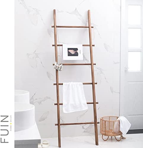 FUIN 6ft Wood Decorative Wall Leaning Blanket Ladders Bathroom Storage Quilt Towel Display Rack Holder Rustic Farmhouse, Light Brown - Image 7