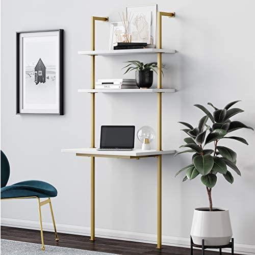Nathan James Theo 2-Shelf Industrial Wall Mount Ladder Small Computer or Writing Desk, White/Gold Brass - Image 2