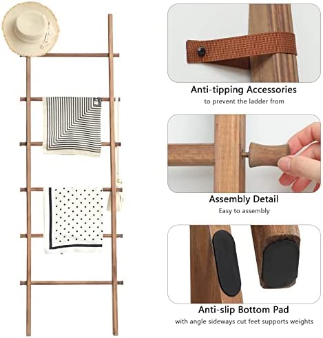 FUIN 6ft Wood Decorative Wall Leaning Blanket Ladders Bathroom Storage Quilt Towel Display Rack Holder Rustic Farmhouse, Light Brown - Image 4