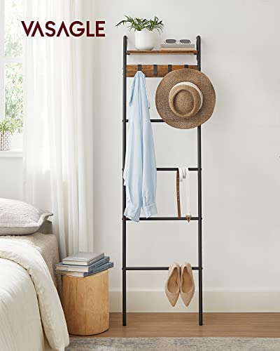 VASAGLE Blanket Ladder Shelf, Blanket Holder Rack for Living Room, Decorative Ladder with Removable Hooks, Top Storage Shelf, Metal Frame, Rustic Brown and Black ULLS017B01 - Image 3