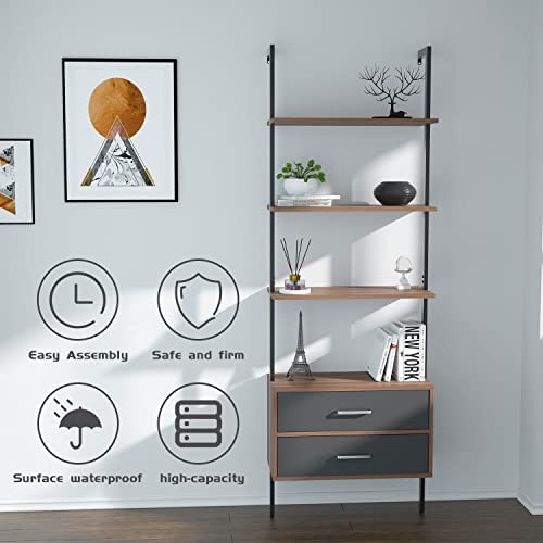 kevinplus Modern Mid-Century Ladder Shelf with Drawers, Wall Mounted Ladder Leaning Bookshelf, Industrial Metal Bookcase, 4-Tier Open Display Ladder Shelves for Living Room Office, Walnut Grey - Image 8