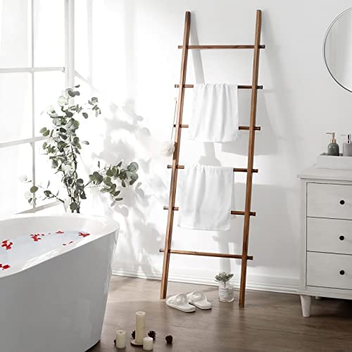 FUIN 6ft Wood Decorative Wall Leaning Blanket Ladders Bathroom Storage Quilt Towel Display Rack Holder Rustic Farmhouse, Light Brown - Image 3