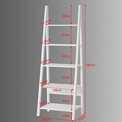 Haotian FRG61-W, White Modern 5 Tiers Ladder Shelf Bookcase, Storage Display Shelving, Wall Shelf - Image 4
