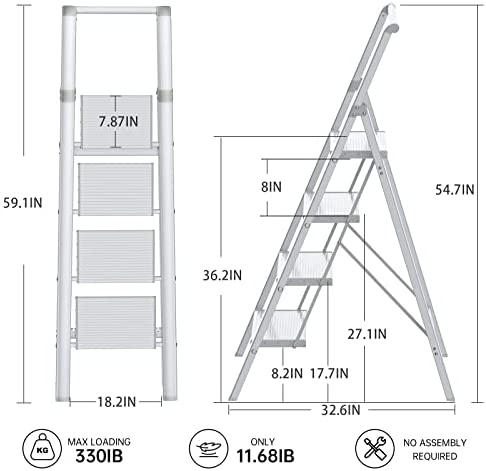 Step Ladder Folding Step Stool - Lightweight Aluminium Ladders W/Anti-Slip Wide Pedal&Handle for Adults&Seniors, Perfect for Home Kitchen Garden Safety Decorative Ladder, Silver - Image 3