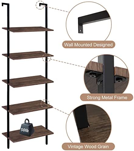 Wolawu 5 Tiers Ladder Shelf 2-Piece Black Modern Tall Bookshelf Open Large Tall Wall Mount Storage Bookcase Standing Leaning Wall Shelves Industrial Decorative - Image 8