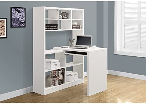 Monarch Specialties 7022, Home Office, Bookcase, Storage Shelves, Set-up, L Shape, Work, Laptop, Laminate, White Computer Desk Left Or Right Facing Corner, 35.5" L x 38" W x 60" H - Image 3