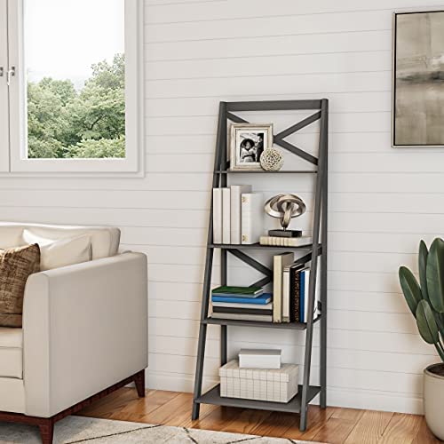 Lavish Home 4-Tier Ladder Bookshelf – Freestanding Wooden Bookcase – X-Back Frame and Leaning Look Decorative Shelves for Home and Office (Gray) Set of 1 - Image 4