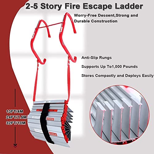 GIZMIT Retractable Fire Escape Ladder 2-6 Story Homes, Portable Emergency Fire Ladder with Wide Aluminum Steps for Adults and Kids Window Exit,10M/32FT - Image 4