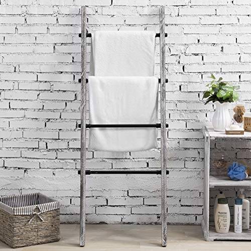 MyGift 5 Foot Graywash Wood Blanket Ladder Wall Leaning Towel Rack with 4 Metal Rung, Farmhouse Home Storage Decor for Living Room, Bathroom, Bedroom - Image 3