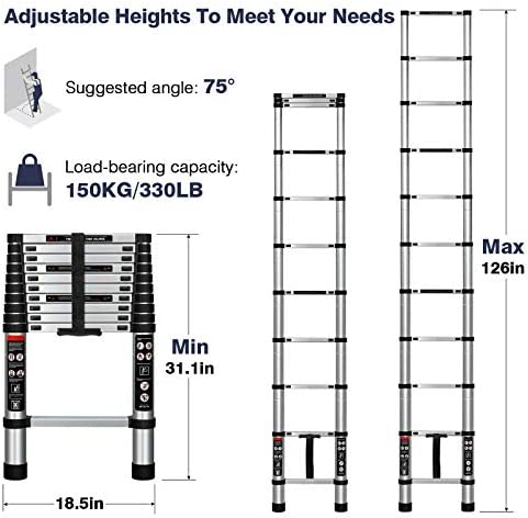 Augtarlion Aluminum Telescoping Ladder 10.5 FT, Collapsible Extension Ladder with Locking Mechanism, Portable Telescopic RV Ladder, Compact Ladder for Home Or Outdoor Work, Heavy Duty 330lbs Capacity - Image 3