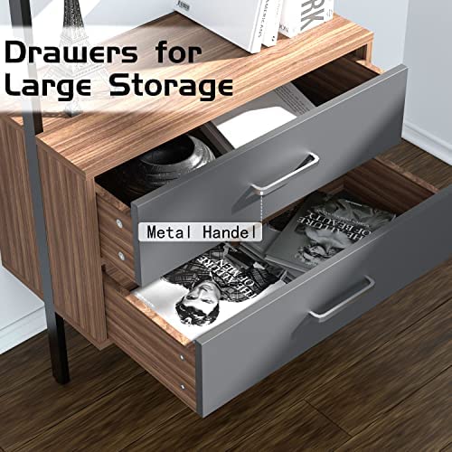 kevinplus Modern Mid-Century Ladder Shelf with Drawers, Wall Mounted Ladder Leaning Bookshelf, Industrial Metal Bookcase, 4-Tier Open Display Ladder Shelves for Living Room Office, Walnut Grey - Image 6