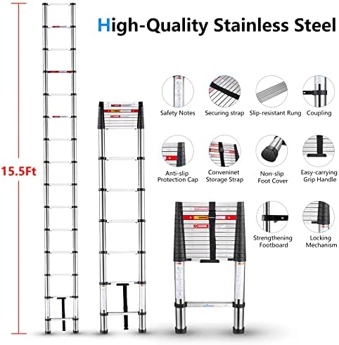 15.5 FT Stainless Steel Telescoping Ladder, MEANFUN Collapsible Extension Loft Ladder with One-Button Retraction, Slow-Close Design Anti-Pinch Compact Ladder for homeowners or DIYs, 330 LB Capacity - Image 3