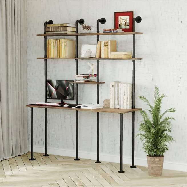 FUSHIAIPTC 74-inch H Industrial Wall Mount Desk, Ladder Floating Computer Desk with 4-Shelf Larger Pipe Table with Storage for Home Office Study Desk Bookcase (W:59inch) - Image 10
