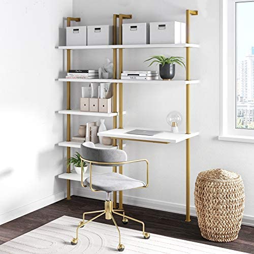 Nathan James Theo 2-Shelf Industrial Wall Mount Ladder Small Computer or Writing Desk, White/Gold Brass - Image 4