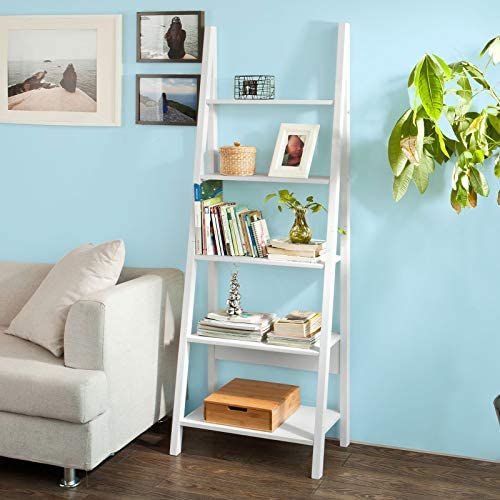 Haotian FRG61-W, White Modern 5 Tiers Ladder Shelf Bookcase, Storage Display Shelving, Wall Shelf - Image 5