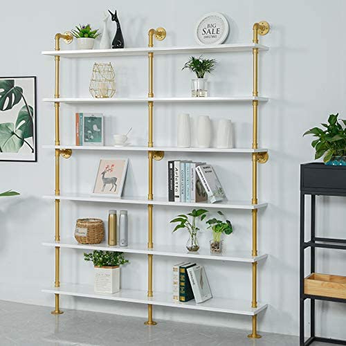 Industrial 6-Tiers Modern Ladder Shelf Bookcase,Solid Wood Storage Shelf,Display Shelving, Wall Mounted Wood Shelves, Pipe Wood Shelves Bookshelf Vintage Wrought Iron Finish (White) - Image 2
