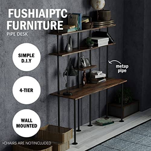 FUSHIAIPTC 74-inch H Industrial Wall Mount Desk, Ladder Floating Computer Desk with 4-Shelf Larger Pipe Table with Storage for Home Office Study Desk Bookcase (W:59inch) - Image 5