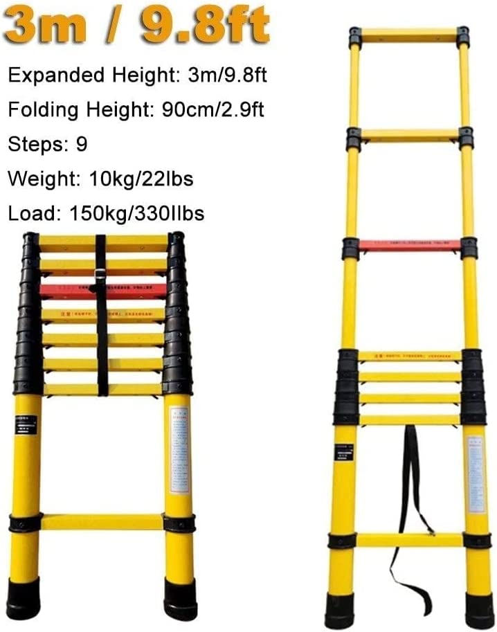 BALAMI 2m/2.5m/3m/3.5m/4m Telescoping Ladder Fiberglass Telescopic Extension Tall Multi Purpose Loft Ladder 330 Pound/150 Kg Capacity Yellow Convenient (Size : 3m/9.8ft) - Image 7