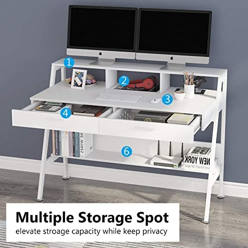 Tribesigns Computer Desk with Storage Shelf & Drawers, Modern 47 inch Office Writing Desk Study Table with Monitor Stand Riser for Home Office Use (White) - Image 6