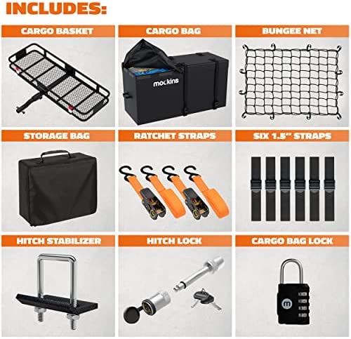 Mockins 60x24x6 XL Folding Cargo Carrier Hitch Mount 500lb Capacity Hitch Rack & Waterproof Cargo Bag Straps,Locks,Net,Stabilizer Trailer Hitch Cargo Carrier | Hitch Mount Cargo Carrier Cargo Trailer - Image 10