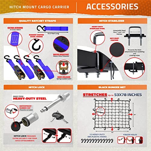 Mockins 60"x24"x6" XL Heavy Duty Trailer Hitch Cargo Carrier Hitch Mount |500lb Cap. Folding Receiver Hitch Cargo Rack w/Waterproof 25 Cu Hitch Cargo Carrier Bag |Fits 2" Cargo Hitch Receiver - Image 8