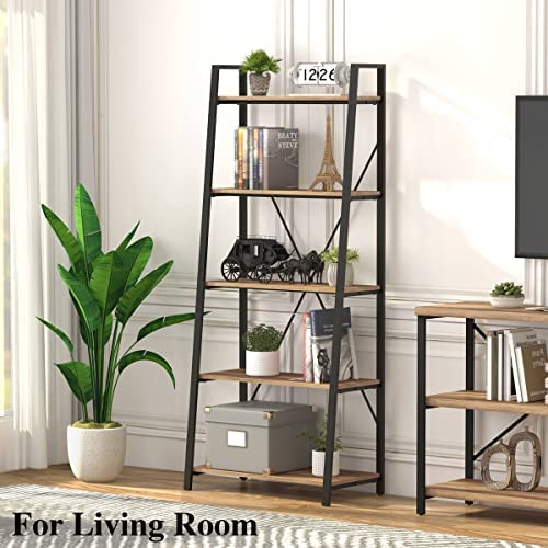BON AUGURE Industrial 5 Tier Ladder Bookshelf, Wood and Metal Ladder Shelf Bookcase, Farmhouse Leaning Shelves for Living Room (Vintage Oak) - Image 10