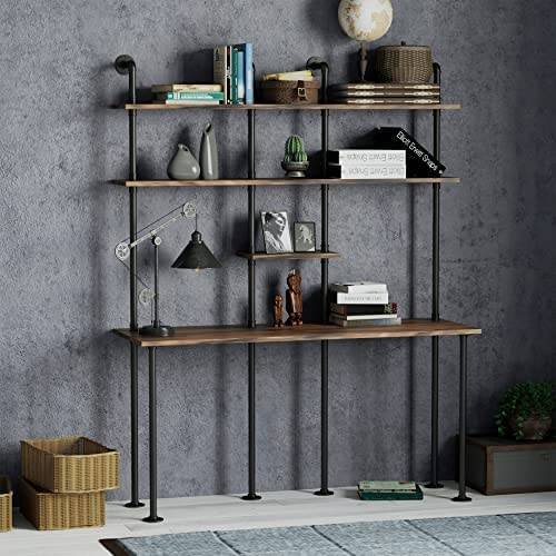 FUSHIAIPTC 74-inch H Industrial Wall Mount Desk, Ladder Floating Computer Desk with 4-Shelf Larger Pipe Table with Storage for Home Office Study Desk Bookcase (W:59inch) - Image 3