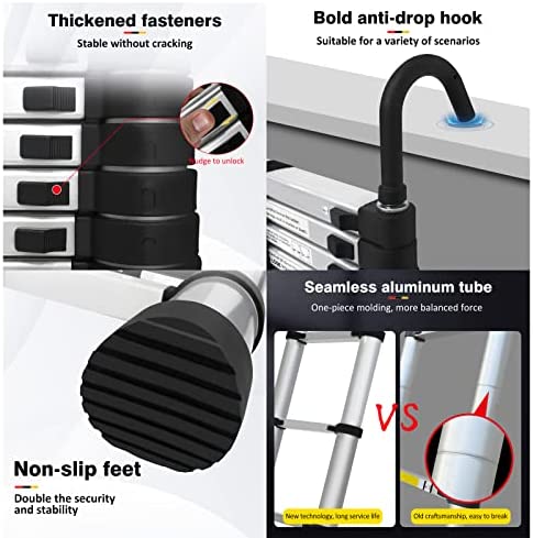 Telescoping Ladder 16FT Aluminum Telescoping Extension Ladder with Roof Hooks, 2.8Inch Detachable Hooks Prefect for Home Or Outdoor Rooftop, Collapsible Ladder Attic Ladder Rv Ladder 330lb Capacity - Image 6
