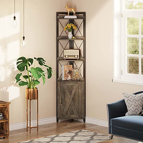 Rolanstar Corner Shelf 5-Tier with Storage, Corner Bookshelf Stand Storage Rack Plant Stand for Living Room, Home Office, Kitchen, Small Space, Grey 12.5"D x 18.9"W x 70.9"H - Image 5