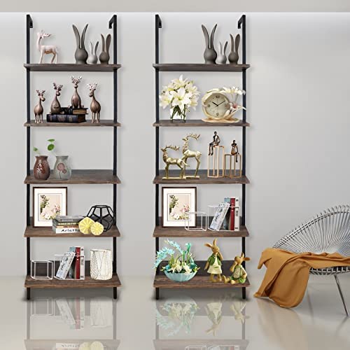 Wolawu 5 Tiers Ladder Shelf 2-Piece Black Modern Tall Bookshelf Open Large Tall Wall Mount Storage Bookcase Standing Leaning Wall Shelves Industrial Decorative - Image 7