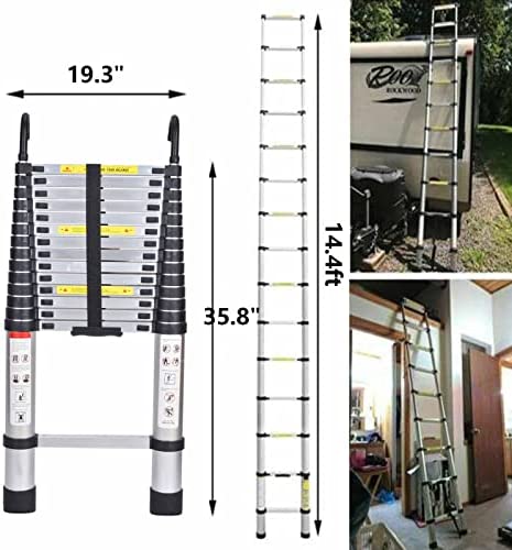 Extension Ladder Aluminum Telescoping Ladder 14FT Compact Ladder with 2 Detachable Roof Hooks, Attic Ladder Collapsible Ladders Heavy Duty 330 Lb Load Capacity, Telescopic Ladder for Household Daily - Image 4