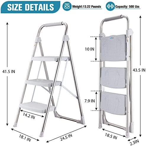 MEANFUN 3 Step Ladder, 500lbs Sturdy Stainless Steel Folding Step Stool with Wide Anti-Slip Thickened Pedal & Convenient Handgrip, Lightweight Collapsible Kitchen Step Stool for Adults & Kids, Grey - Image 3