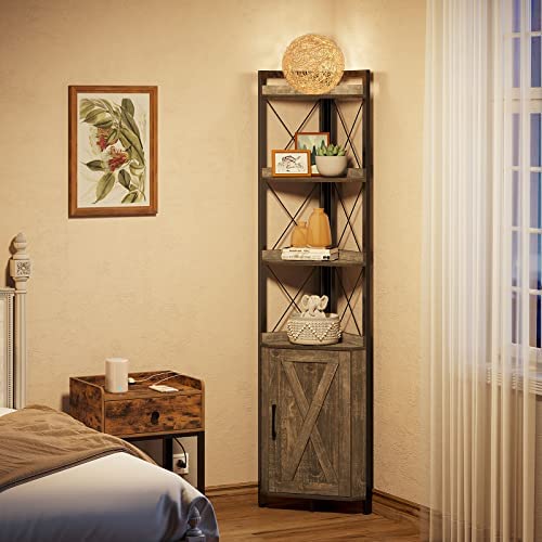 Rolanstar Corner Shelf 5-Tier with Storage, Corner Bookshelf Stand Storage Rack Plant Stand for Living Room, Home Office, Kitchen, Small Space, Grey 12.5"D x 18.9"W x 70.9"H - Image 6