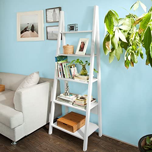 Haotian FRG61-W, White Modern 5 Tiers Ladder Shelf Bookcase, Storage Display Shelving, Wall Shelf - Image 3