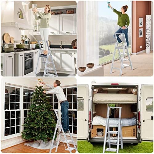 Step Ladder Folding Step Stool - Lightweight Aluminium Ladders W/Anti-Slip Wide Pedal&Handle for Adults&Seniors, Perfect for Home Kitchen Garden Safety Decorative Ladder, Silver - Image 7