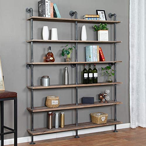 WGX Design For You Industrial 6-Tiers Modern Ladder Shelf Bookcase,Solid Wood Storage Shelf,Display Shelving, Wall Mounted Wood Shelves, Pipe Wood Shelves Bookshelf Vintage Wrought Iron Finish (Gray) - Image 2