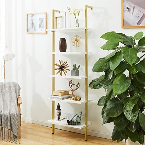 SUPERJARE Modern Ladder Shelf, 5-Tier Open Wall-Mounted Bookshelf with Stable Metal Frame, 72 Inches Storage Rack Shelves, Stand Bookcase for Home Office - Marble/Gold - Image 3