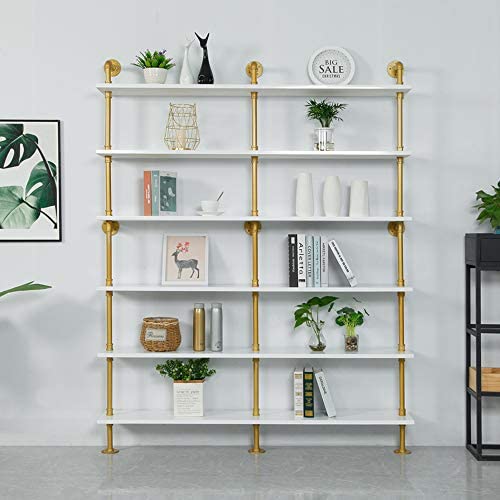 Industrial 6-Tiers Modern Ladder Shelf Bookcase,Solid Wood Storage Shelf,Display Shelving, Wall Mounted Wood Shelves, Pipe Wood Shelves Bookshelf Vintage Wrought Iron Finish (White) - Image 3