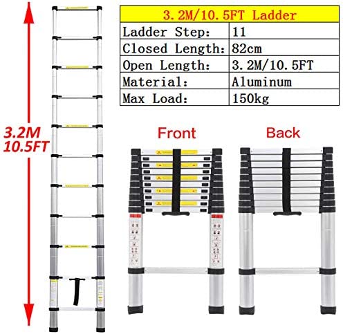 Telescoping Loft Ladder Extension Ladders 10.5ft 330lbs Max Load for Attic Loft RV Roof Home Office, Aluminum Light Weight Easy to Carry or Storage Stepladder Telescopic - Image 3