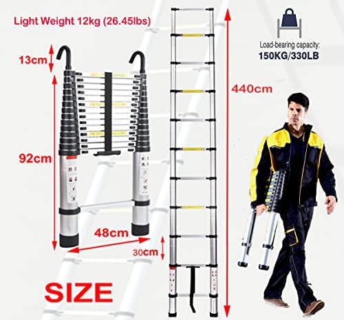 4.4M 14ft Telescoping Ladder Aluminum DIY Extension Folding Loft Ladder with 2 Detachable Roof Hooks Anti-Slip Rubber Feet Portable Heavy Duty Folding Ladder 330lbs Max. Loading EN131 Certificated - Image 3