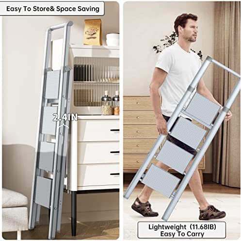 Step Ladder Folding Step Stool - Lightweight Aluminium Ladders W/Anti-Slip Wide Pedal&Handle for Adults&Seniors, Perfect for Home Kitchen Garden Safety Decorative Ladder, Silver - Image 6