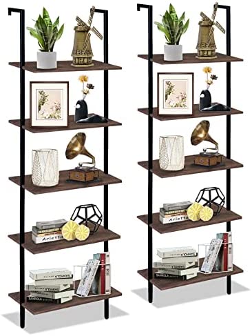 Wolawu 5 Tiers Ladder Shelf 2-Piece Black Modern Tall Bookshelf Open Large Tall Wall Mount Storage Bookcase Standing Leaning Wall Shelves Industrial Decorative - Image 2