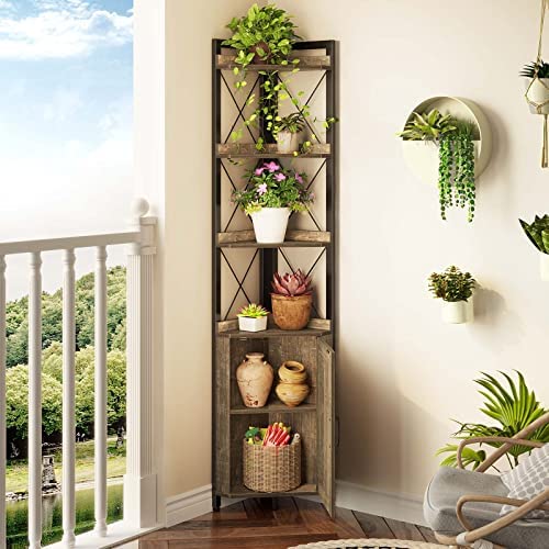 Rolanstar Corner Shelf 5-Tier with Storage, Corner Bookshelf Stand Storage Rack Plant Stand for Living Room, Home Office, Kitchen, Small Space, Grey 12.5"D x 18.9"W x 70.9"H - Image 7