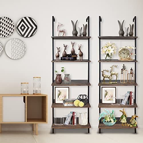 Wolawu 5 Tiers Ladder Shelf 2-Piece Black Modern Tall Bookshelf Open Large Tall Wall Mount Storage Bookcase Standing Leaning Wall Shelves Industrial Decorative - Image 6