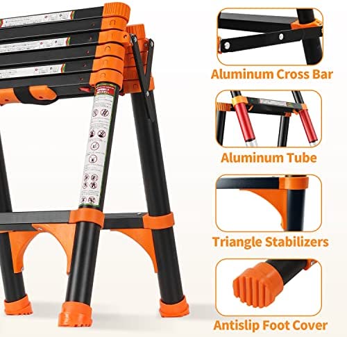 RIKADE Telescoping Ladder, A-Frame Aluminum Telescopic Ladder with 1-Button Retraction, Portable Extension Ladder Adjustable Lightweight Folding Ladder for Home or RV Work, 330lb Capacity(1.4+1.7M) - Image 3