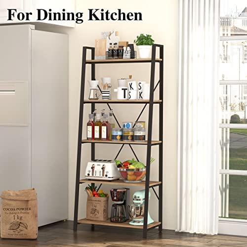 BON AUGURE Industrial 5 Tier Ladder Bookshelf, Wood and Metal Ladder Shelf Bookcase, Farmhouse Leaning Shelves for Living Room (Vintage Oak) - Image 9